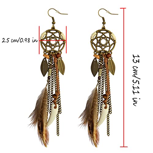 Punk Vintage Long Tassel Feather Beads Drop Wolf Tooth Pendant Earring Fish Hook Earrings Suitable to Wear At All Times