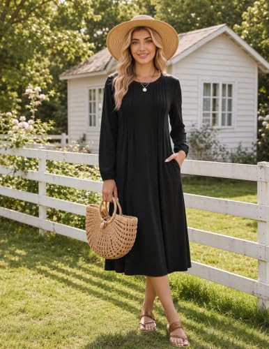 Zeagoo Fall Dresses for Women Long Sleeve Midi Dress Casual A Line Dresses 2026 Pleated Flare Dress with Pockets