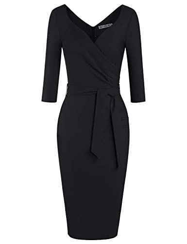 MUXXN Women's Vintage Faux Wrap V Neck 3/4 Sleeve Formal Classic Party Work Dress with Belt