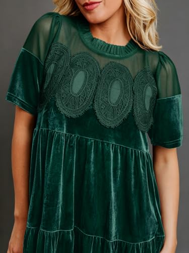 miduo Womens Scallop Neck Short Sleeve Velvet Lace Mini Babydoll Dress