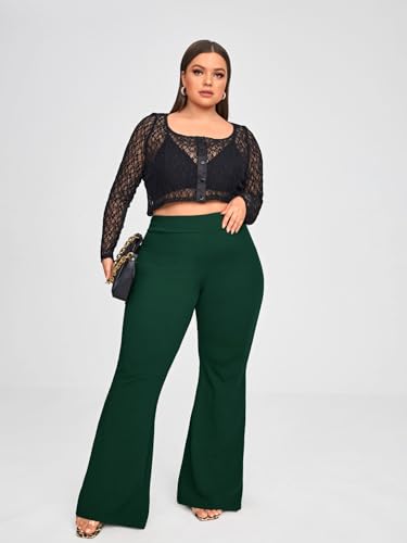 Wdirara Women's Plus Size Elastic High Waist Flare Bell Bottom Ribbed
