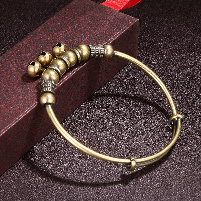 2Pcs Vintage Copper Retro Bell Bracelet Intricately Crafted with Timeless Design Adjustable Push-Pull Mechanism for Men Women