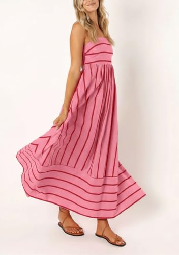 chouyatou Women's Striped Back Smocked Maxi Dress Sexy Spaghetti Strap Cut Out Flowy Swing Long Dress