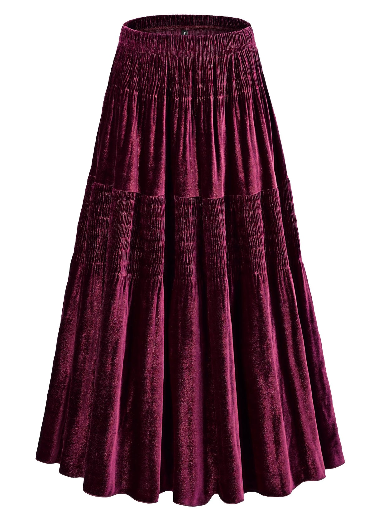 Women's Velvet Pleated Midi Skirt Elastic High Waist Fall Winter Tiered A-Line Party Long Skirts