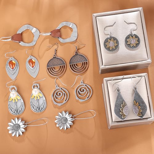 9/12 Pairs Boho Vintage Earrings for Women, Western Cowgirl Concho Oval Turquoise Dangle Earrings, Geometric Round Wooden Leather Ethnic Sunflower