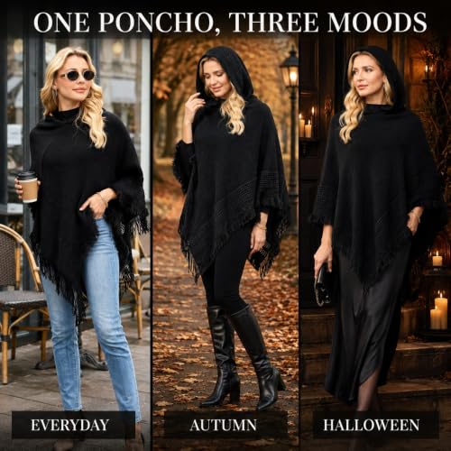 Ferand Women's Witchy Hooded Knit Poncho with Fringe