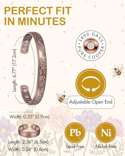 Feraco Copper Bracelet & Rings for Women, Vintage Flower Magnetic Bangle