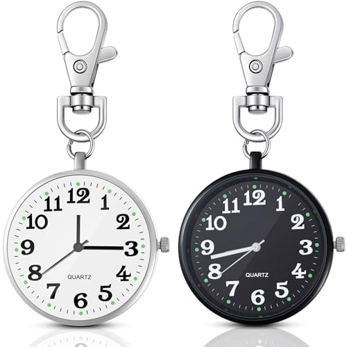 2 Pieces Quartz Pocket Watch with Key Buckle Round Keychain Clip on Wa