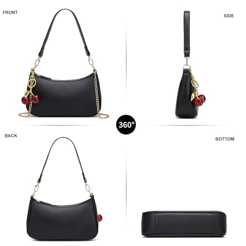 Black Cute Hobo Cherry Shoulder Bag — Retro Clutch with Removable Straps