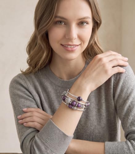 PEARL&CLUB Beaded Chakra Bangle Turquoise Bracelet - Fashion Jewelry Wrap Bracelet with Thick Silver Metal and Mala Beads, Birthday Gifts For Women