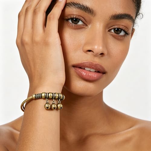 Vintage Bell Bracelet for Women, Bronze Adjustable Bangle, Retro Ethnic Charm Bracelet Tribal Brass Style Wristband Dangling Jingle Bells Boho Statement Festival Hand Accessory Jewelry