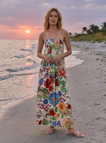 ABYOVRT Women Boho Floral Maxi Dress Backless Spaghetti Strap A-Line Flowy Summer Vacation Long Dress