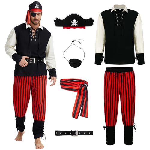6PCS Mens Pirate Costume Adult with Accessories for Themed Parties Main image
