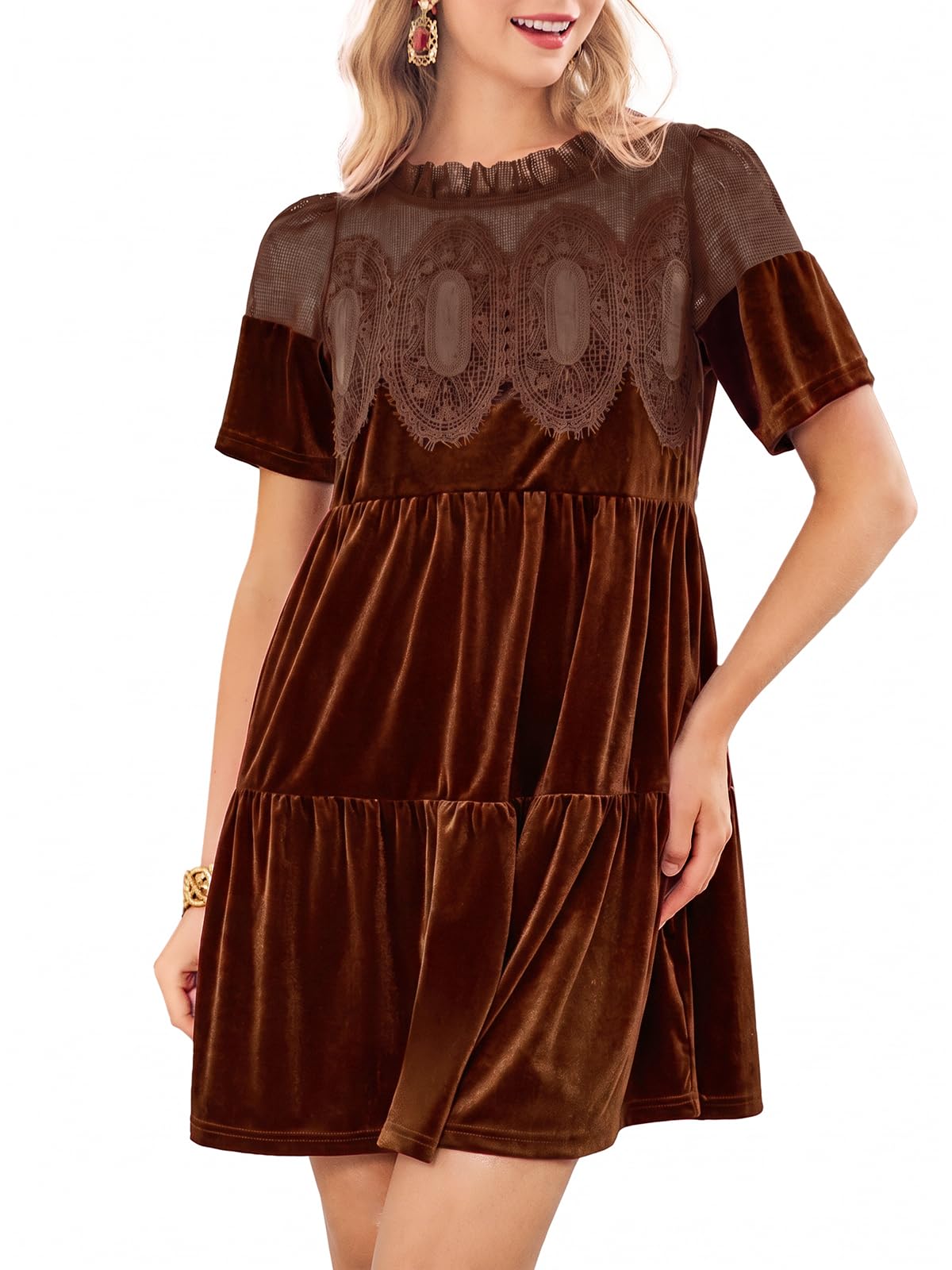 Wenrine Womens Velvet Dress Fall Lace Short Sleeve Babydoll Mini Dresses
