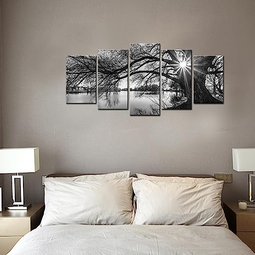 5-Piece Black & White Art Deco Landscape Canvas — Framed & Ready to Hang