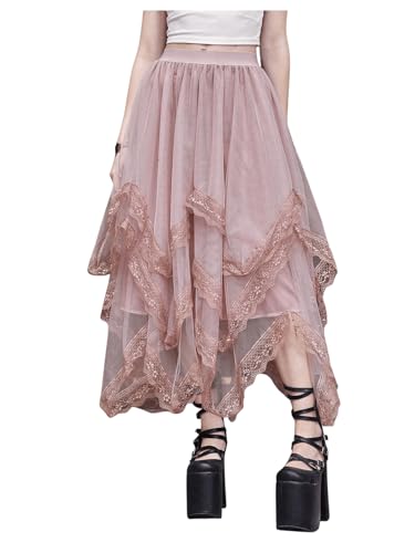 SHENHE Women's Lace Trim Layered Mesh Tulle Skirt Asymmetrical Goth Skirt