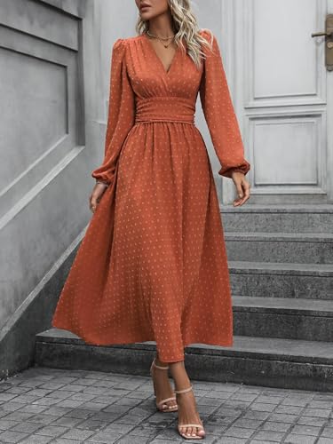Mettclasi Women's Spring Fall Swiss Dot V-Neck Midi Dress Casual Puff Long Lantern Sleeve A-Line Flowy Wedding Guest Dress
