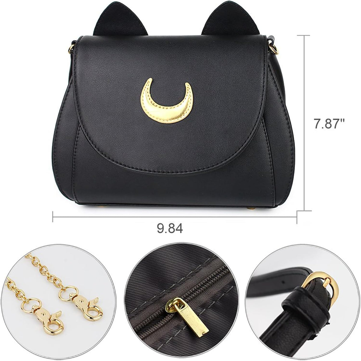 Women's Moon PU Leather Gothic Crossbody Cat Handbag — Black Shoulder Bag