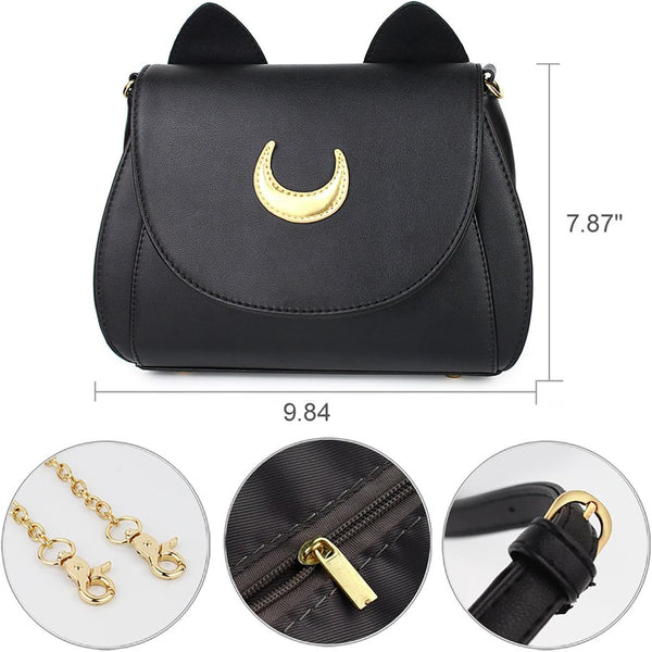 Women's Moon PU Leather Gothic Crossbody Cat Handbag — Black Shoulder Bag