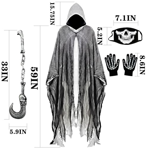 Grim Reaper Costume Set Unisex Halloween Hooded Cape Cosplay Ghost Cloak