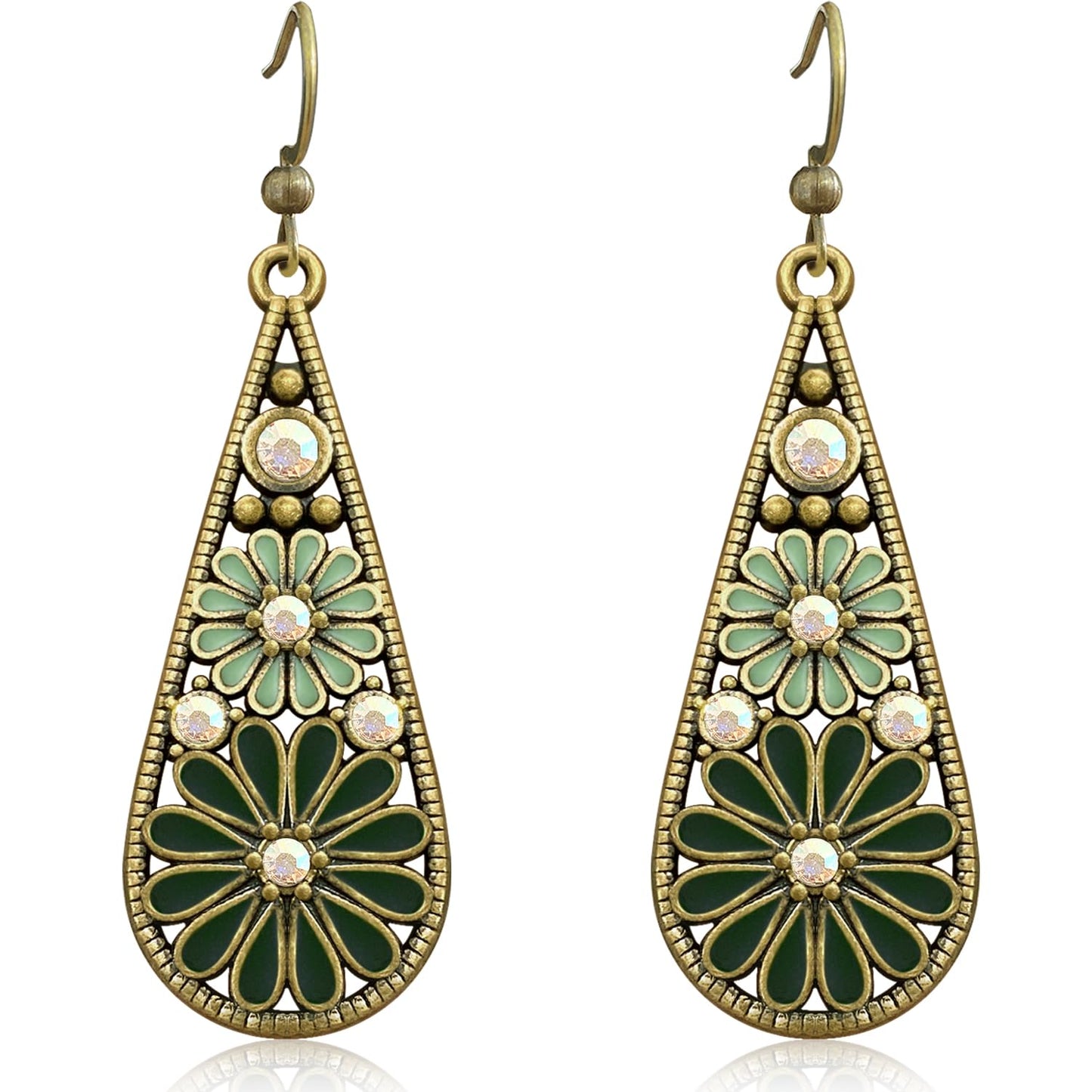 Copper Crystal Teardrop Enamel Flower Earrings