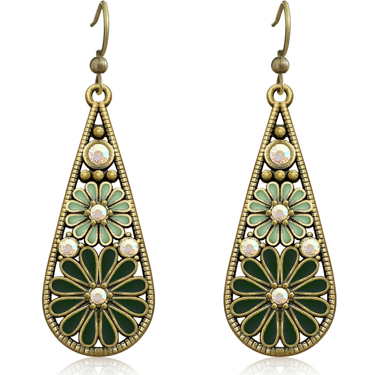 Copper Crystal Teardrop Enamel Flower Earrings