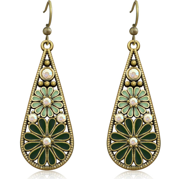 Copper Crystal Teardrop Enamel Flower Earrings