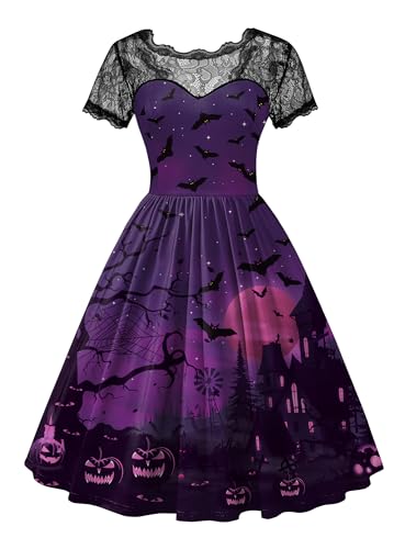 Women Halloween Party Costume Vintage Swing Lace Short Sleeve Witch Dress