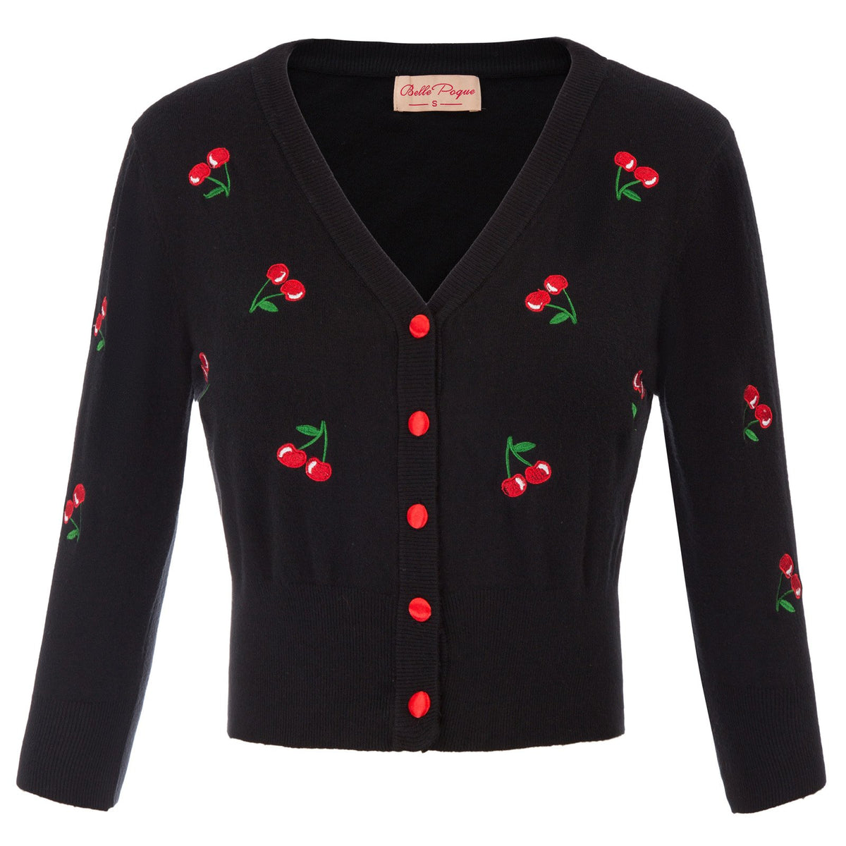 Belle Poque Women's 3/4 Sleeve V-Neck Button Down Cherries Embroidery Cropped Cardigan Sweater Coat