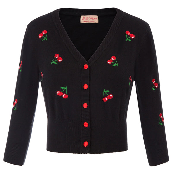 Belle Poque Women's 3/4 Sleeve V-Neck Button Down Cherries Embroidery Cropped Cardigan Sweater Coat