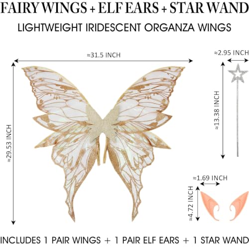 YKW Fairy Wings for Adult Women,31.5"x29" Butterfly Cosplay Wings with Lace Gloves,Organza Costume Wings for Halloween Party