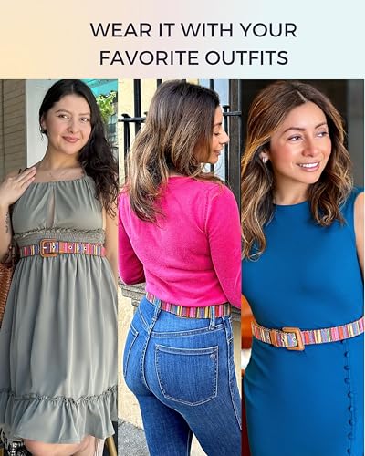 Womens Casual Belts - Multicolor Woven Belt & Brown Vegan Leather Belt