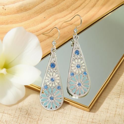 Bohemian Crystal Teardrop Pendant Earring,Vintage Olive Green Hollow Out Flower Floral Dangle Earrings,National Style Geometry Enamel Flower Hook