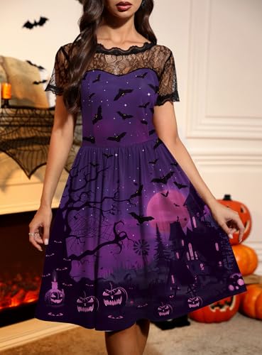 Women Halloween Party Costume Vintage Swing Lace Short Sleeve Witch Dress