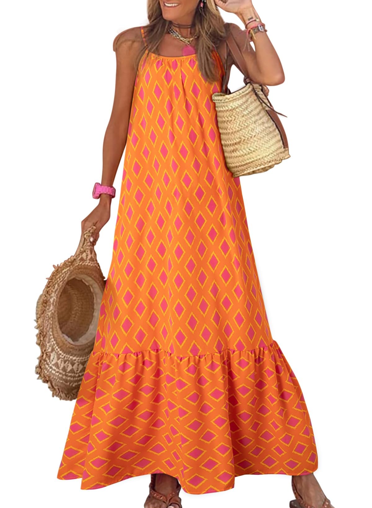 Dokotoo Women Summer Dresses Scoop Neck Ruffle Flowy Boho Maxi Dress