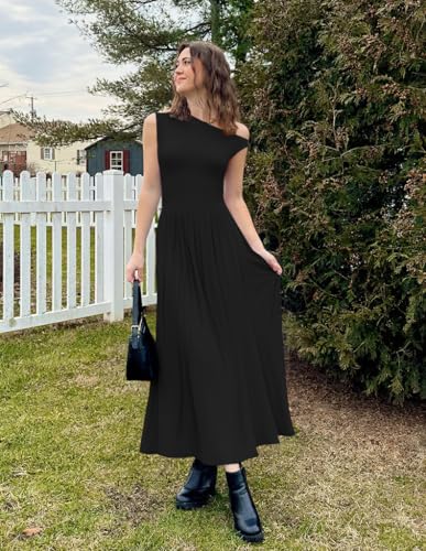 ZESICA Womens Sleeveless One Shoulder Maxi Dress with Pockets