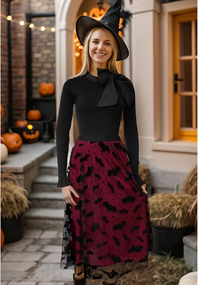 CHICWISH Women's Pumpkin Tulle Tutu Skirt Velvet Bats Elastic Waist Halloween Party Layered Mesh Midi Skirt Halloween Costume