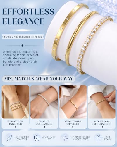 14K Gold Bracelets for Women Trendy Bangle Cuff Tennis Bracelets Set
