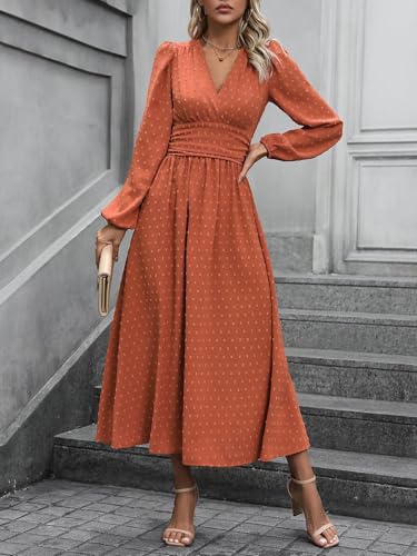 Mettclasi Women's Spring Fall Swiss Dot V-Neck Midi Dress Casual Puff Long Lantern Sleeve A-Line Flowy Wedding Guest Dress