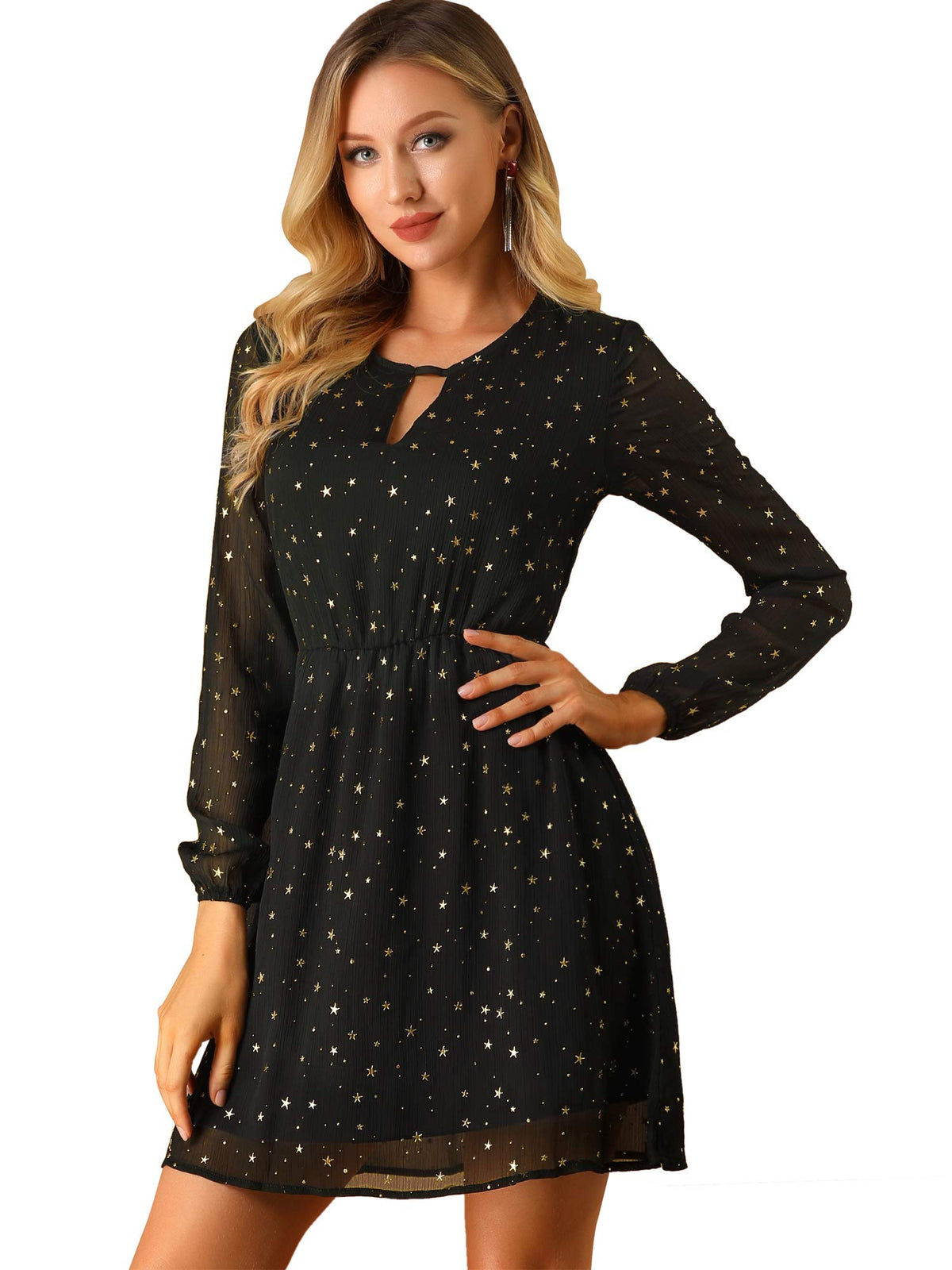 Allegra K Women Metallic Star Choker V Neck Party Flared A-Line Dress