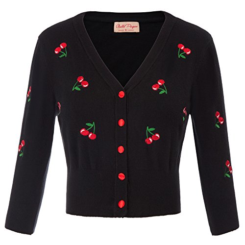 Belle Poque Women's 3/4 Sleeve V-Neck Button Down Cherries Embroidery Cropped Cardigan Sweater Coat