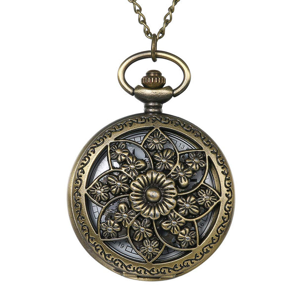 Antique Bronze Retro Hollow Rose Flowers Openwork Quartz Pocket Watch