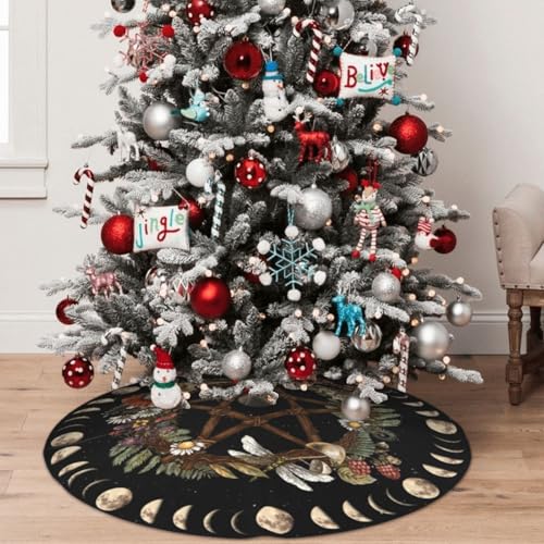 Wicca Moon Phase Witchy Star Magic Mushroom 36 Inch Christmas Tree Skirt Carpet Mat Funny Party Soft Cover Mat Decor Supplies for Xmas Halloween Decorations Occasion Farmhouse