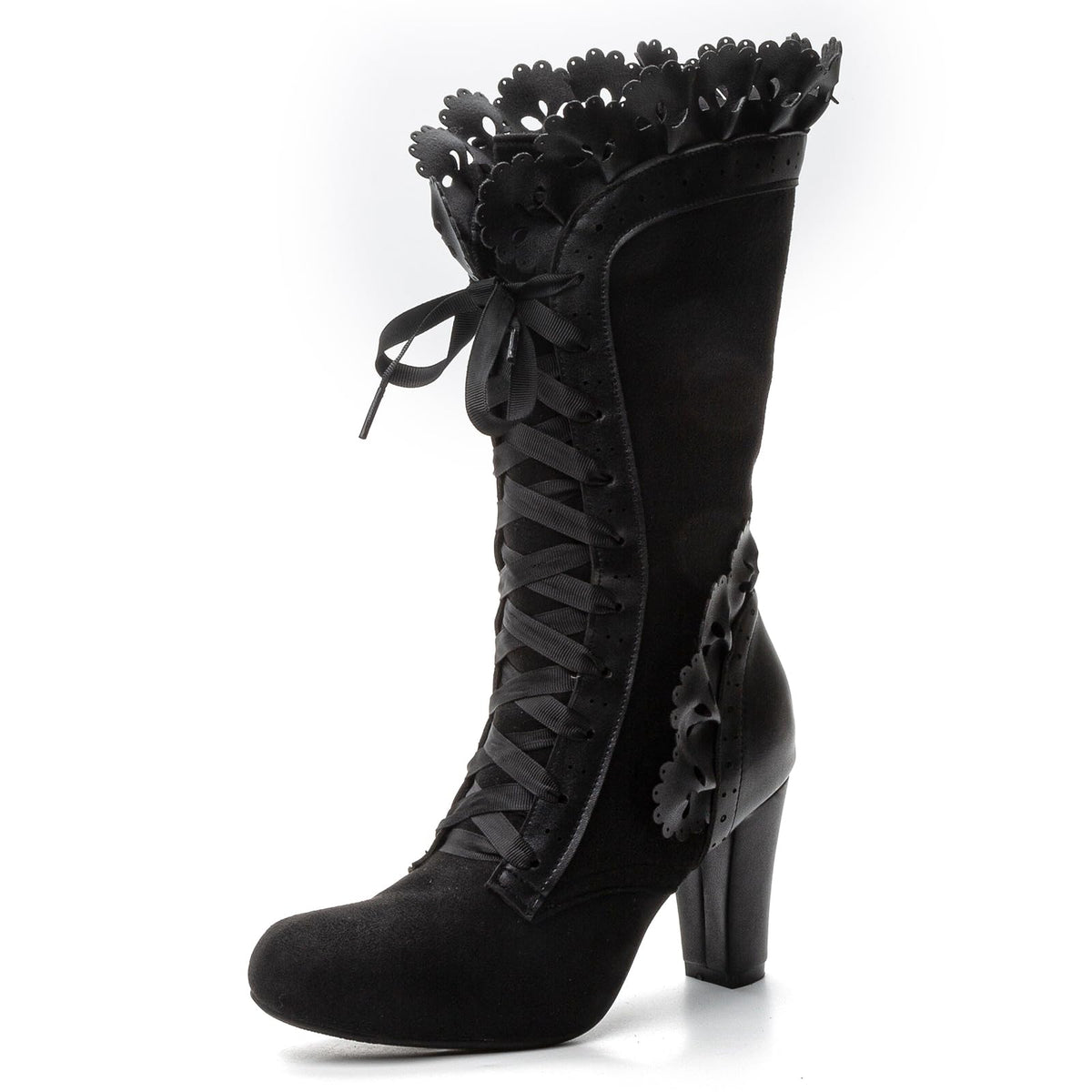 Victorian Boots for Women Vintage Bow Ruffles Goth Boots Costume Lace Up 70S Retro Boots Halloween Witch Stuff Cuban Heel Mid Calf Boots