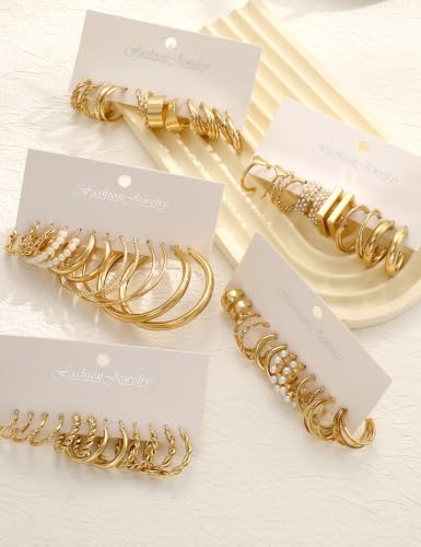 30 Pairs Gold Hoop Earrings Set for Women, Hypoallergenic Pearl Twisted Statement Hoops Multipack, Small to Chunky Hoop Earrings for Women Trendy