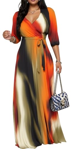 CaniBtr Maxi Dresses for Women Plus Size 3/4 Sleeve Long Dress with Belt