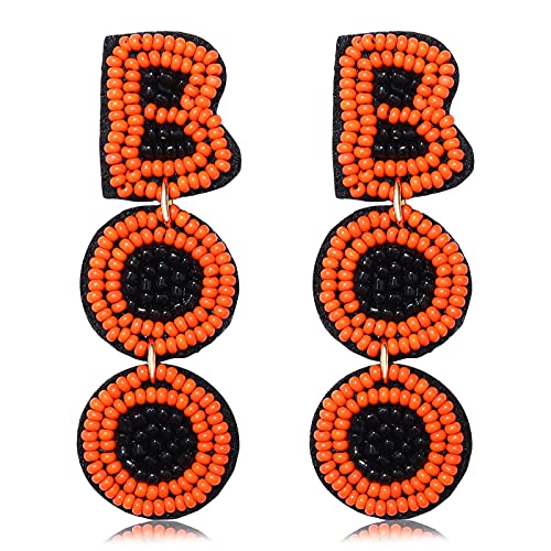 Halloween Beaded Boo Earrings for Women - Spooky Ghost Pumpkin Drop Dangle Jewelry - Handmade Gothic Costume Party Holiday Festive Gifts