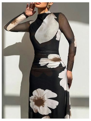 Verdusa Women's Floral Wedding Guest Dress Long Sleeve Mesh Maxi Dresses