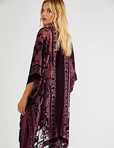 Women's Burnout Velvet Kimono Long Cardigan Cover Up With Tassel