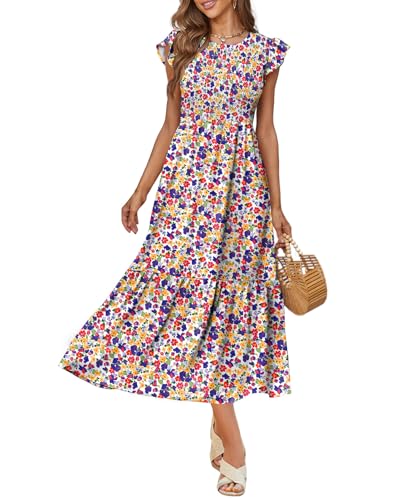OFEEFAN Women's Casual Maxi Dresses with Pockets Ruffle Sleeve Smocked Dress XS-2XL